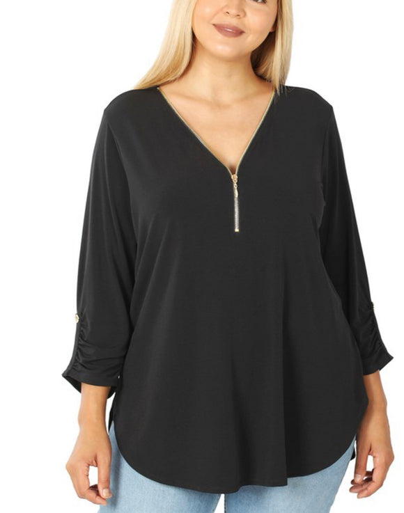 Jude Front Zip-Up 3/4 Sleeve Top