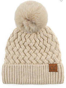 CC Woven Cable Soft Pom Beanie