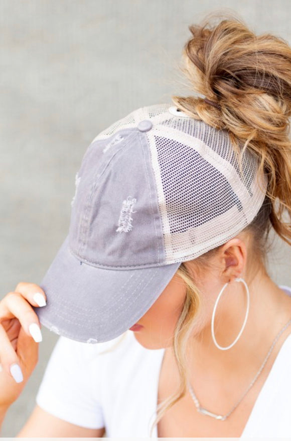 Distressed Messy Bun Hat