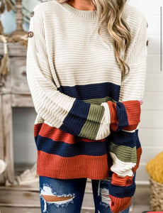 Kassidy Button Shoulder Striped Sweater